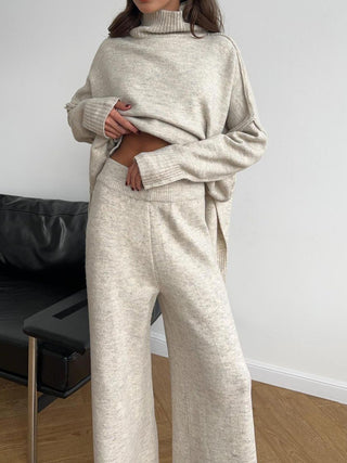 Slit Turtleneck Long Sleeve Top and Pants Sweater Set - 1985 the VAULT Boutique