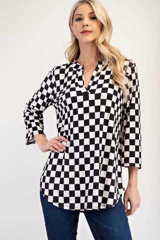 Celeste Full Size Curved Hem Checkered Notched Blouse - 1985 the VAULT Boutique