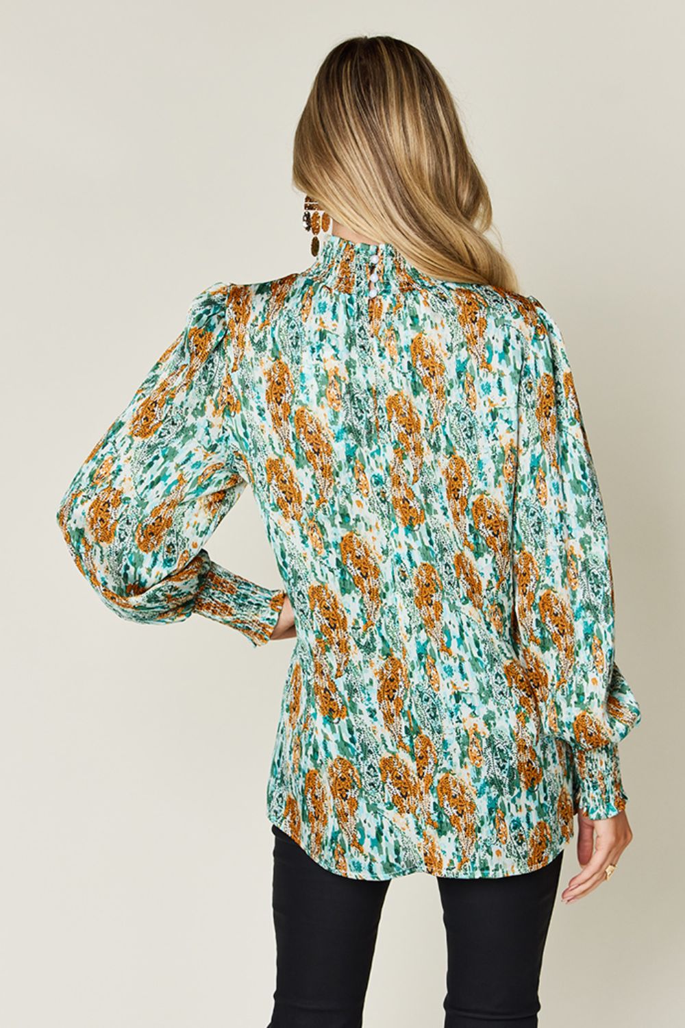 Double Take Full Size Printed Smocked Long Sleeve Blouse - 1985 THE VAULT