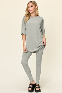 Double Take Full Size Round Neck Dropped Shoulder T-Shirt and Leggings Set - 1985 the VAULT Boutique