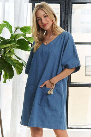 ADORA V-Neck Half Sleeve Mini Denim Dress - 1985 the VAULT Boutique