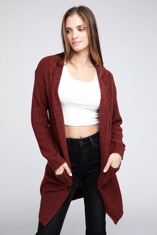 Twist Knitted Open Front Cardigan With Pockets - 1985 the VAULT Boutique