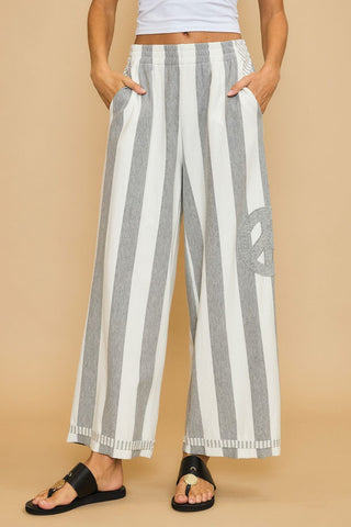 Umgee Peace Sign Patch Striped Wide Leg Pants - 1985 the VAULT Boutique