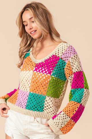 BiBi Multi Color Checkered Long Sleeve Knit Top - 1985 the VAULT Boutique