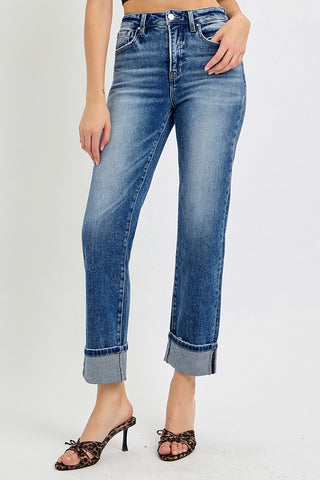 RISEN Full Size High Rise Crop Straight Roll Up Jeans - 1985 the VAULT Boutique