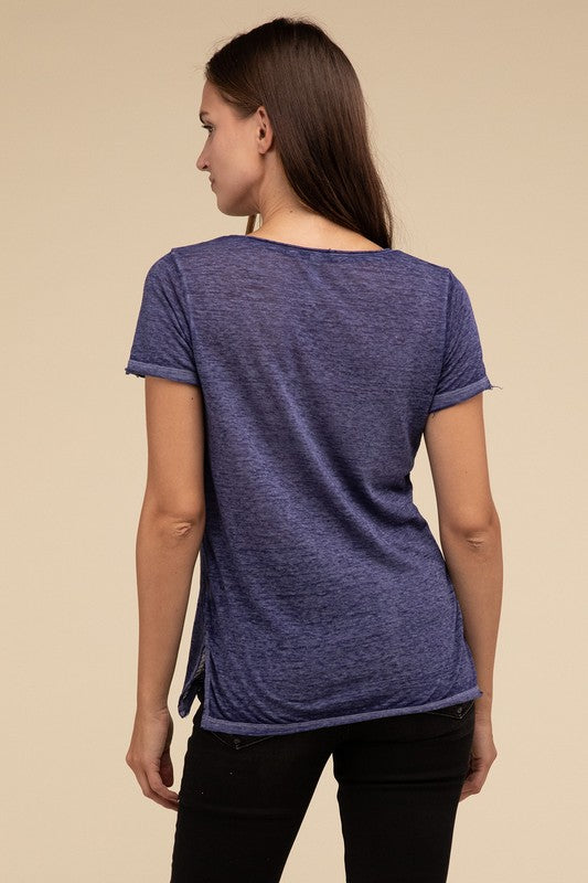 Basic Washed Melange Burnout Scoop V-Neck Top - 1985 the VAULT Boutique