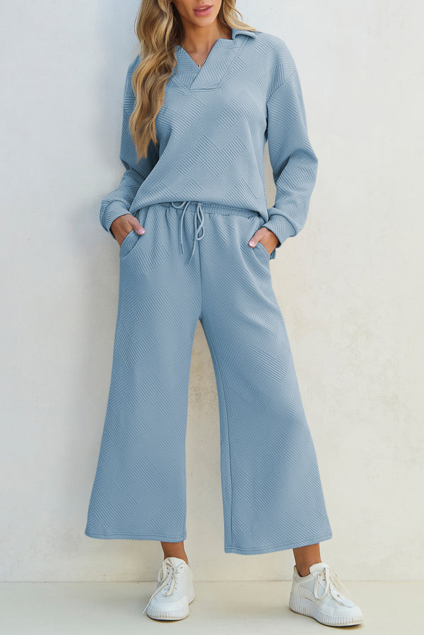 Textured Collared Neck Top and Wide Leg Pants Set - 1985 the VAULT Boutique