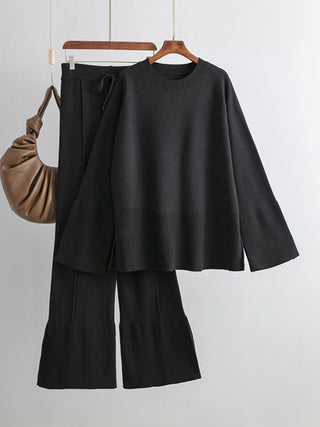 Basic Bae Slit Round Neck Long Sleeve Top and Drawstring Pants Sweater Set - 1985 the VAULT Boutique