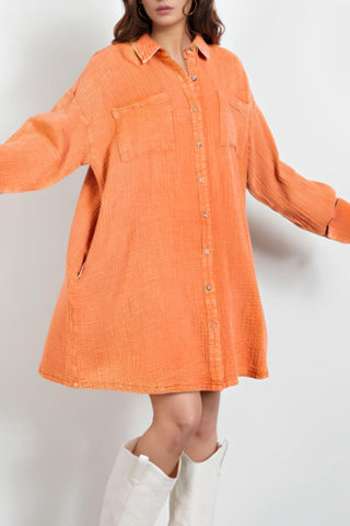 Pocketed Button Up Long Sleeve Shirt Dress - 1985 the VAULT Boutique