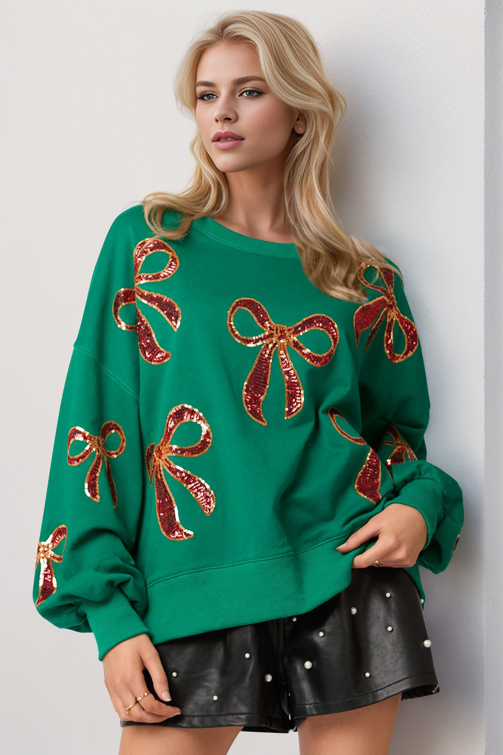 Double Take Christmas Bow Sequin Round Neck Dropped Shoulder Sweatshirt - 1985 the VAULT Boutique