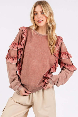 Mittoshop Ruffled Mineral Washed Round Neck Long Sleeve Sweatshirt - 1985 the VAULT Boutique