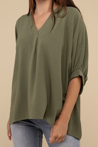 Woven Airflow V-Neck Puff Half Sleeve Top - 1985 the VAULT Boutique