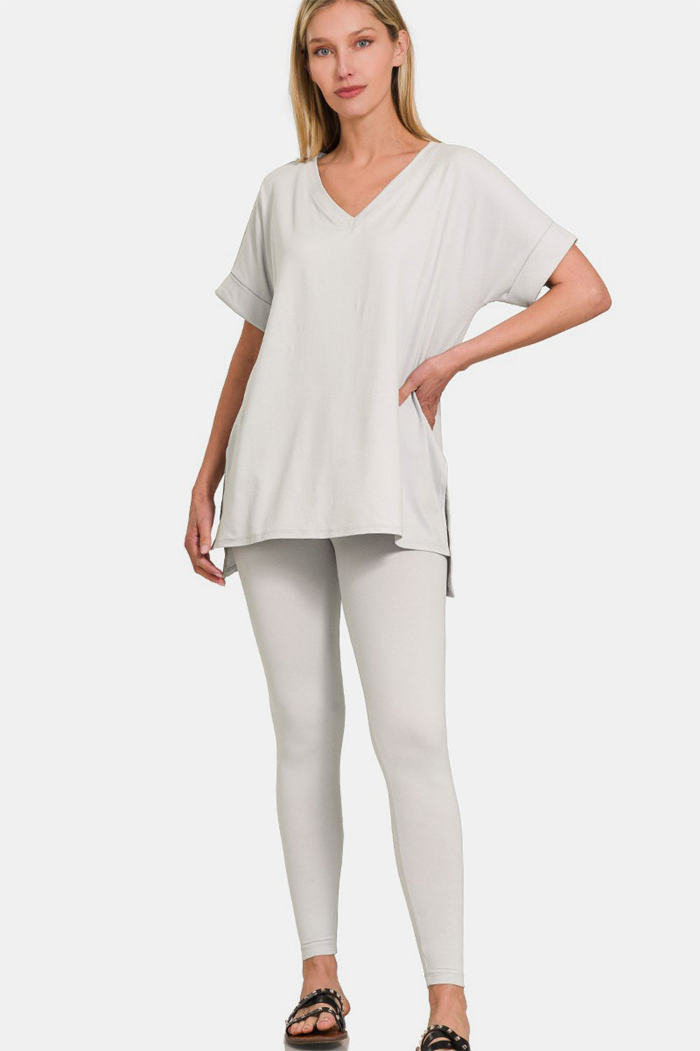 Zenana V-Neck Rolled Short Sleeve T-Shirt and Leggings Lounge Set - 1985 the VAULT Boutique