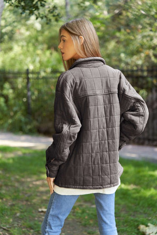 Solid Mineral Wash Quilted Pockets Shacket - 1985 the VAULT Boutique