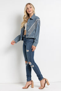 CROP DENIM JACKET WITH RHINESTONE FRINGE - 1985 the VAULT Boutique