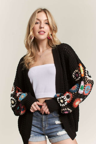 ADORA Full Size Contrast Crochet Open Front Long Sleeve Cardigan Plus Size - 1985 the VAULT Boutique