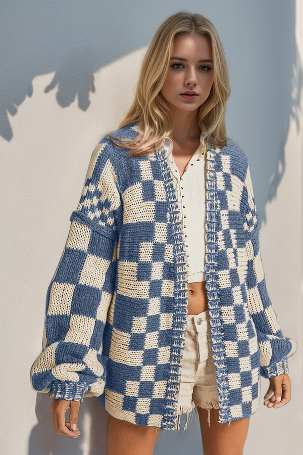 Double Take Full Size Open Front Checkered Drop Shoulder Cardigan - 1985 the VAULT Boutique