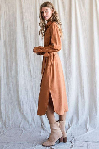 SOLID BUTTON DOWN BELTED LONG DRESS - 1985 the VAULT Boutique