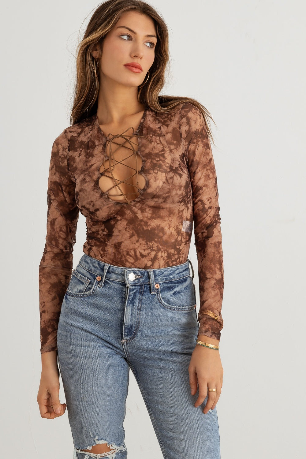 HERA COLLECTION Abstract Mesh Lace-Up Long Sleeve Bodysuit - 1985 the VAULT Boutique