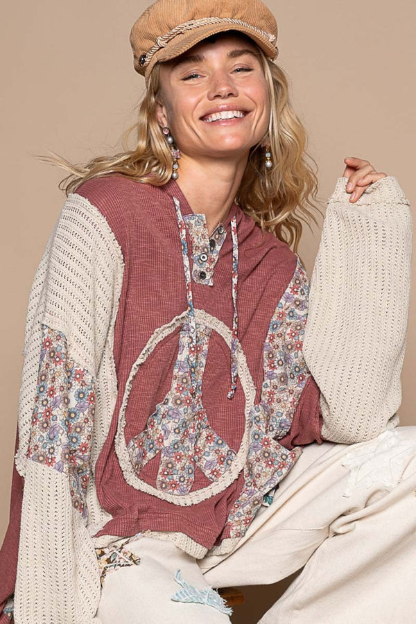 POL Long Sleeve Floral Peace Patch Ribbed Hoodie - 1985 the VAULT Boutique