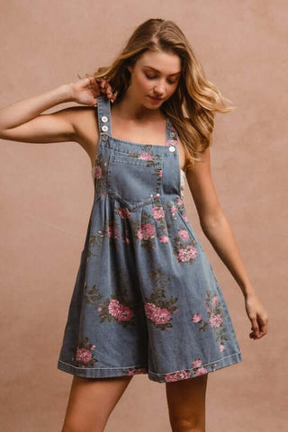 BiBi Flower Printed Wide Strap Denim Overalls - 1985 the VAULT Boutique