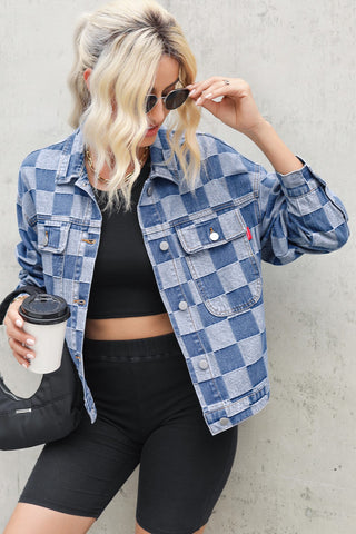 Checkered Button Up Long Sleeve Denim Jacket - 1985 the VAULT Boutique