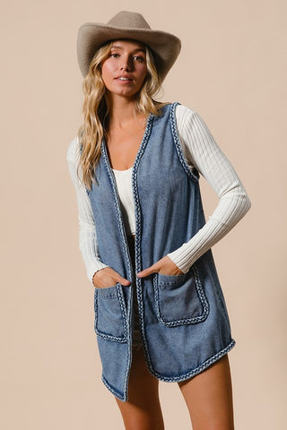 BiBi Braided Trim Open Front Denim Vest with Pockets - 1985 the VAULT Boutique