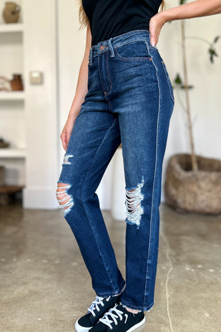 Judy Blue Full Size High Waist Rigid Magic Heavy Destroy Straight Jeans - 1985 the VAULT Boutique