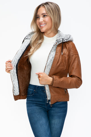 YMI Faux Layered Double-Zipper Jacket with Fuzzy Hood - 1985 the VAULT Boutique