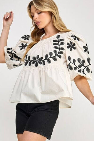 SAGE+FIG Puff-Sleeve Embroidered Peplum Blouse - 1985 the VAULT Boutique