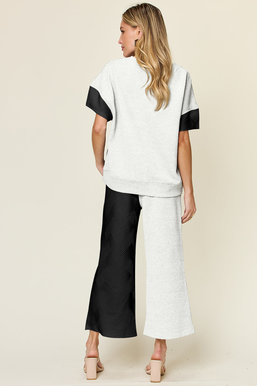 Double Take Full Size Texture Contrast T-Shirt and Wide Leg Pants Set - 1985 THE VAULT