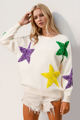 Double Take Sequin Star Round Neck Dropped Shoulder Sweater - 1985 the VAULT Boutique