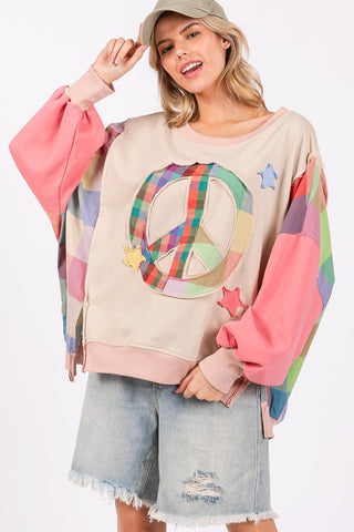 SAGE + FIG Full Size Contrast Peace Patch Dropped Shoulder Sweatshirt - 1985 the VAULT Boutique