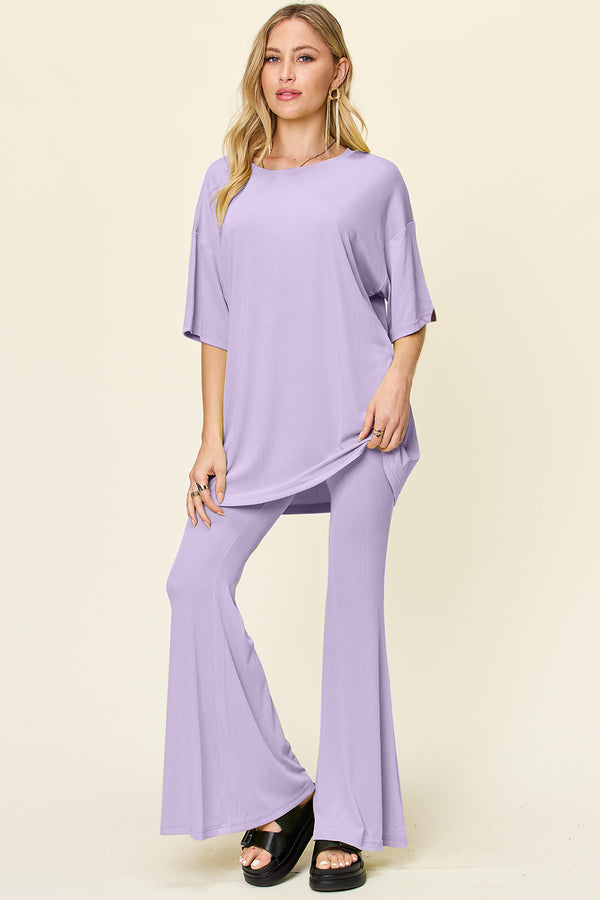 Double Take Full Size Round Neck Drop Shoulder T-Shirt and Flare Pants Set - 1985 the VAULT Boutique