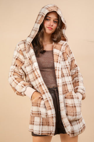 VERY J Fuzzy Plaid Long Sleeve Hooded Jacket - 1985 the VAULT Boutique