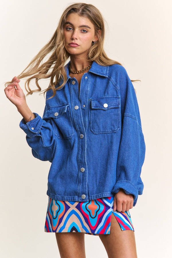 J.NNA Snap Down Long Sleeve Denim Shacket - 1985 the VAULT Boutique