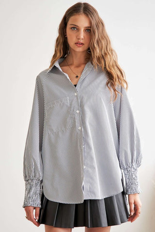 ADORA High-Low Striped Button Down Smocked Lantern Sleeve Shirt - 1985 the VAULT Boutique