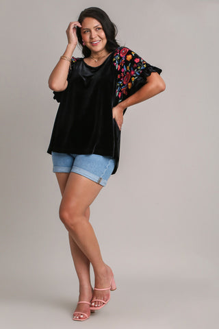 Umgee Full Size Velvet Embroidery Short Sleeve Blouse - 1985 the VAULT Boutique