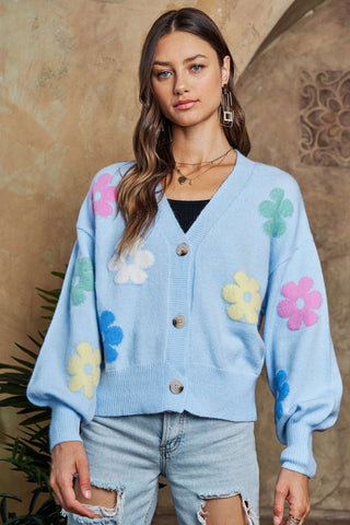 ADORA Flower Button Down Lantern Sleeve Cardigan - 1985 the VAULT Boutique