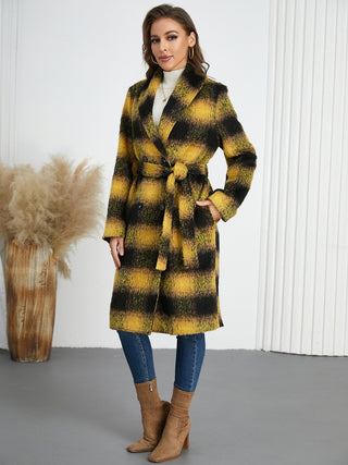 Plaid Tie Waist Long Sleeve Coat - 1985 the VAULT Boutique