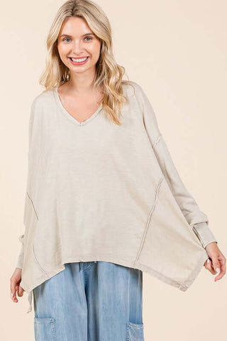 Mittoshop Mineral Wash V-Neck Long Sleeve Oversized Top - 1985 the VAULT Boutique