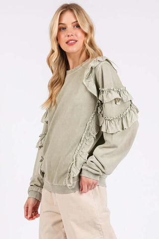 Mittoshop Ruffled Mineral Washed Round Neck Long Sleeve Sweatshirt - 1985 the VAULT Boutique