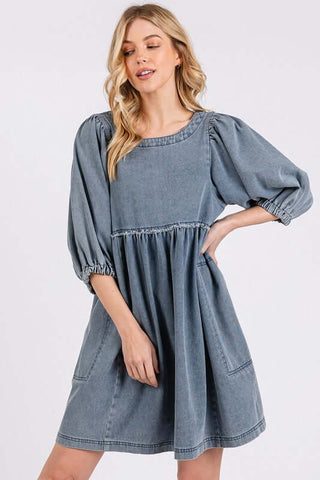 Mittoshop Washed Round Neck Puff Sleeve Denim Dress - 1985 the VAULT Boutique