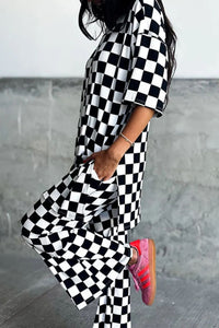 Checkered Round Neck Half Sleeve Top and Pants Set - 1985 the VAULT Boutique