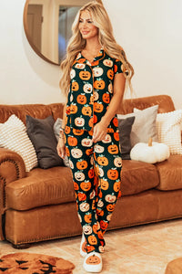 Pumpkin Printed Short Sleeve Top and Pants Lounge Set - 1985 the VAULT Boutique