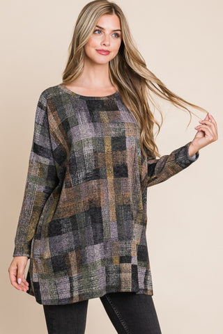 BOMBOM Plaid Round Neck Long Sleeve Top - 1985 the VAULT Boutique