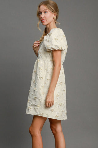 Umgee Heart Jacquard Square Neck Puff Sleeve Mini Dress - 1985 the VAULT Boutique