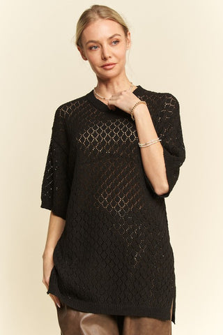 Davi & Dani Side Slit Openwork Round Neck Half Sleeve Knit Cover Up - 1985 the VAULT Boutique