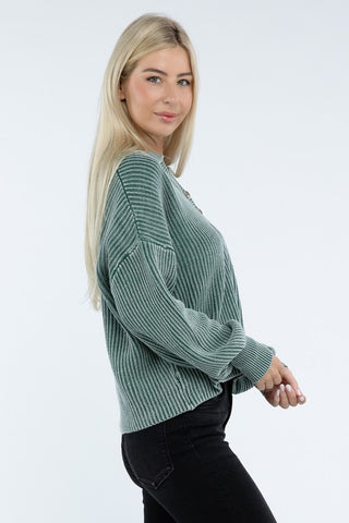 Washed Collared Henley Sweater - 1985 the VAULT Boutique