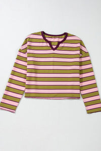 Striped Notched Long Sleeve T-Shirt - 1985 the VAULT Boutique